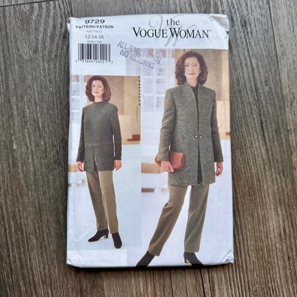 UNCUT Vintage 1990s Vogue 9729 Sewing Pattern Womens Sz S-M Jacket Top Pant Suit